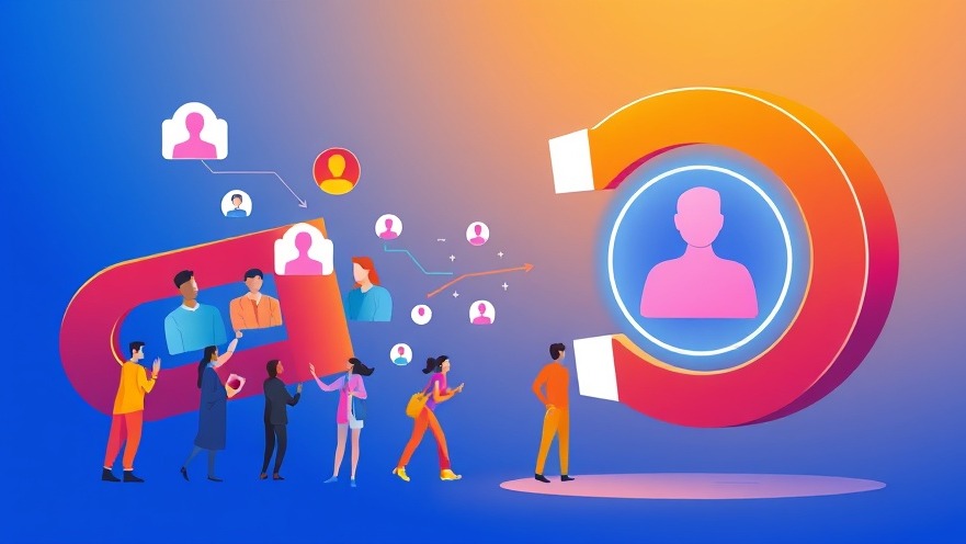 Magnet attracting diverse customer icons to glowing business logo in vibrant design.