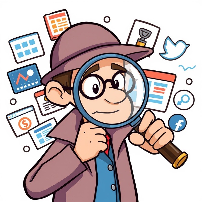 A cartoon-style illustration of a detective with a magnifying glass examining various business elements like ads, websites, and social media icons.