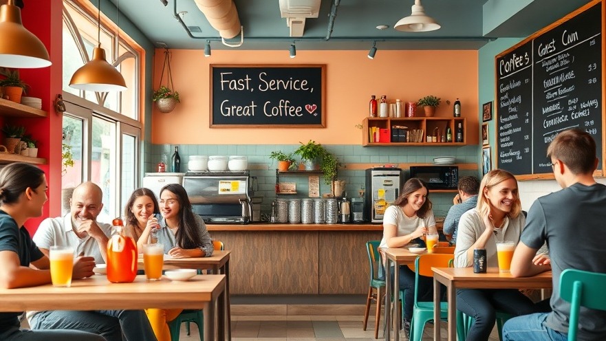 Vibrant coffee shop with happy customers, barista pouring, and a lively atmosphere.