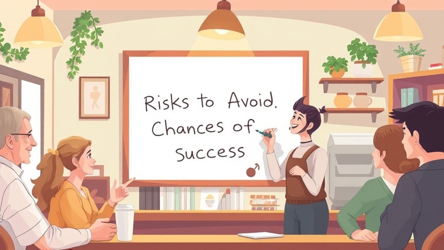 Cheerful coffee shop owner writing 'Risks to Avoid' on whiteboard with happy customers.