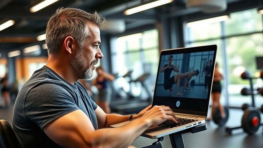 Local gym owner teaching an online workout class with a lively gym backdrop