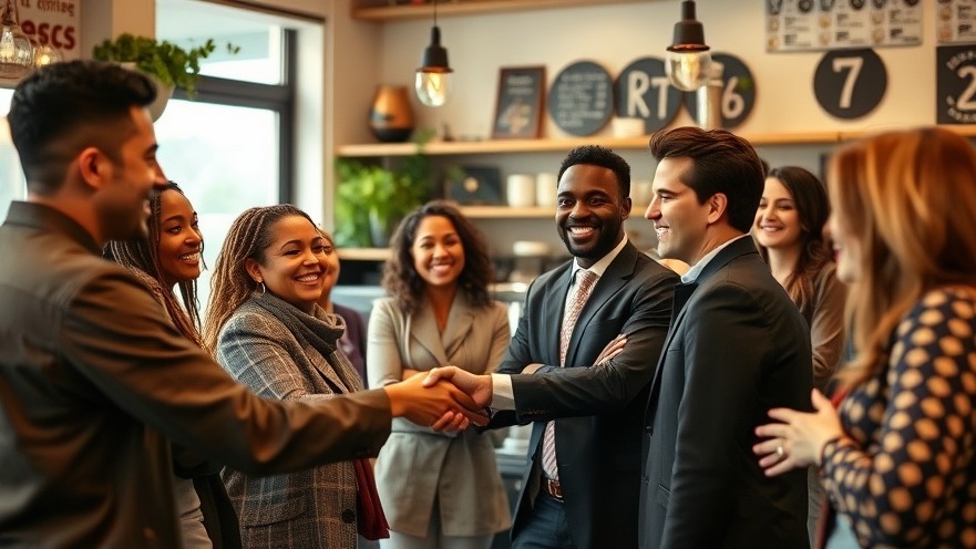 Diverse business owners shaking hands in a cozy coffee shop, warm atmosphere.