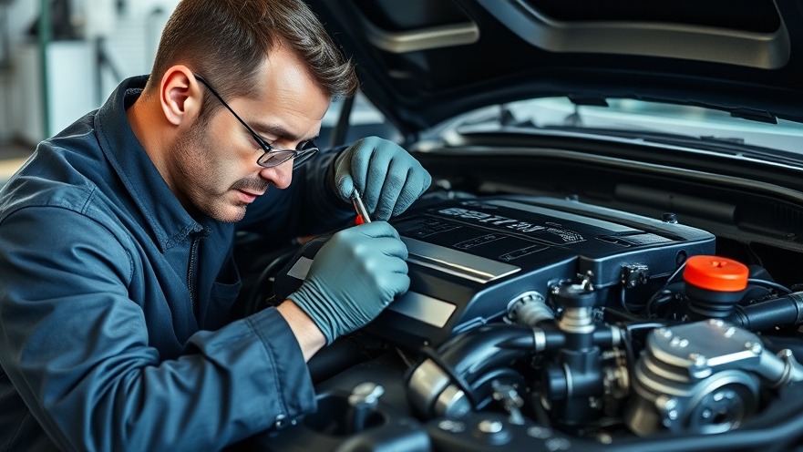 Mechanic fine-tuning a sleek engine, symbolizing business optimization.