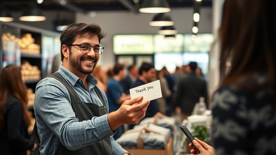 Small business owner smiling while handing a thank-you note to a customer.