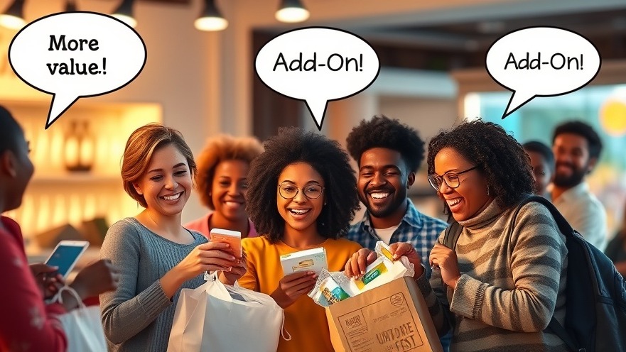 Diverse customers joyfully receive add-on items post-purchase, showcasing excitement and value.