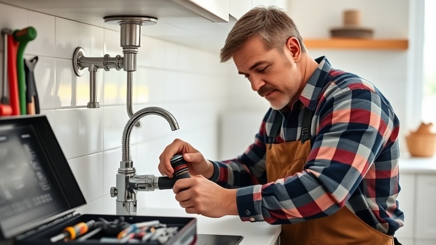 Confident plumber fixing a pipe under a sink in a modern kitchen.