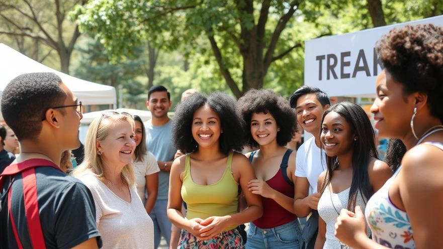 Diverse group at a community event in a park, showcasing local businesses.