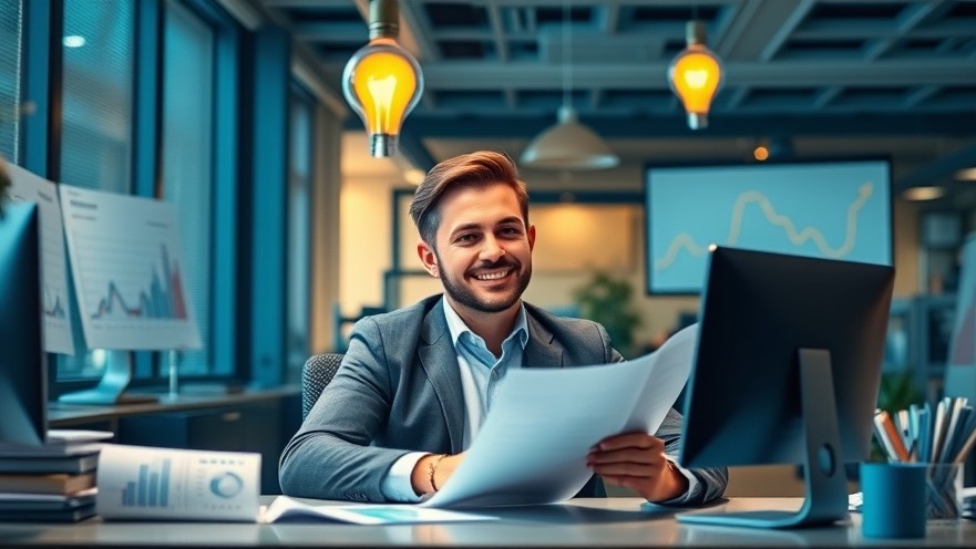 Confident entrepreneur reviewing financial charts, with a lightbulb for ideas