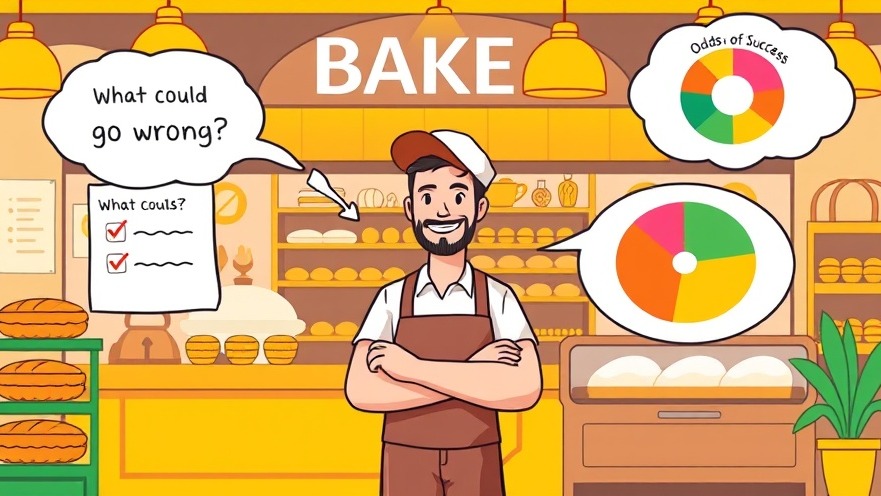 Vibrant illustration of a baker assessing small business success odds.