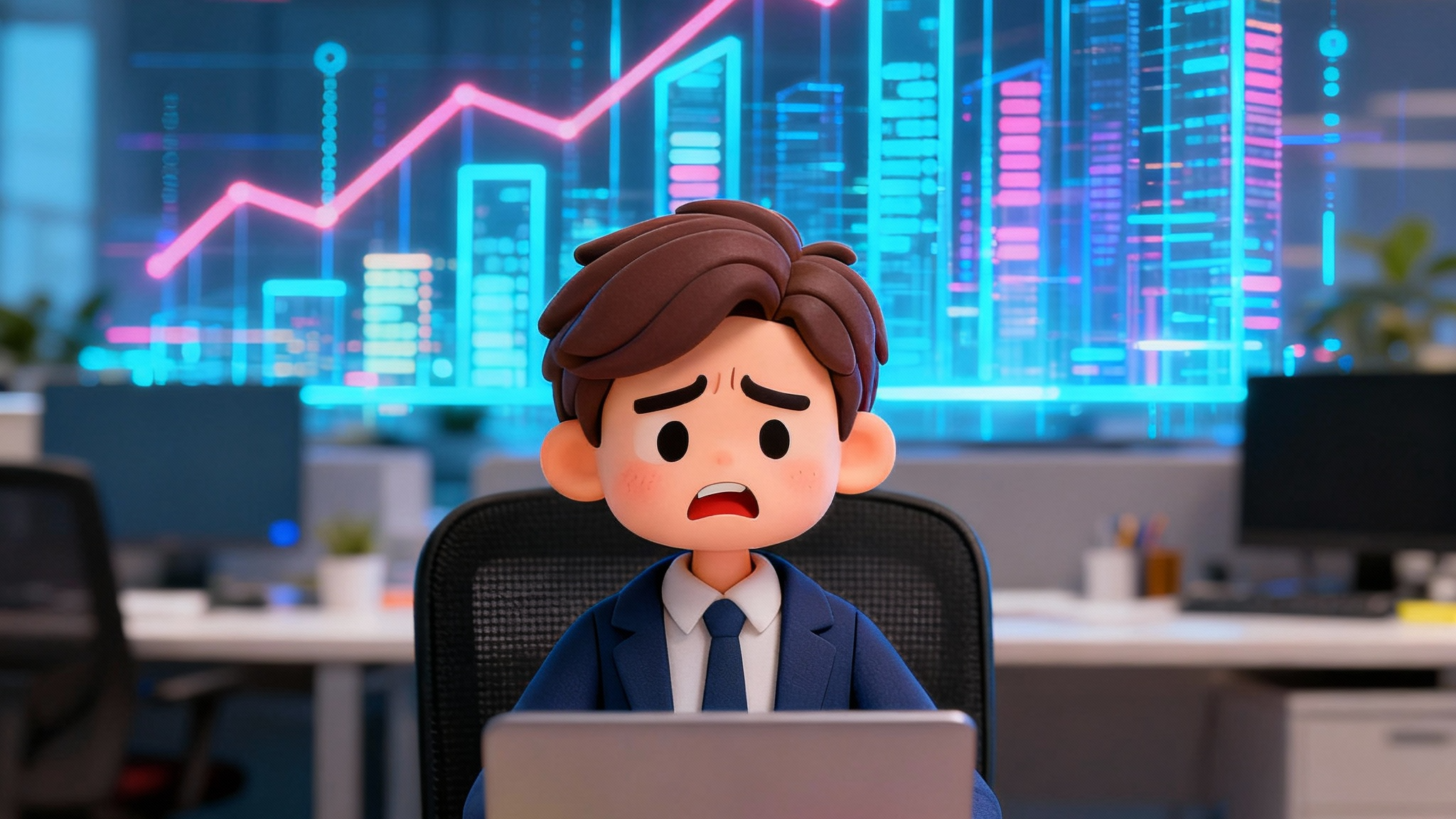 Small business owner looks frustrated at a laptop, surrounded by sticky notes, digital graphs rising in the background, well-lit, modern office scene