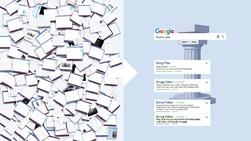 Before-and-after split image showing chaotic web pages vs. organized clusters linking to #1 Google search results.