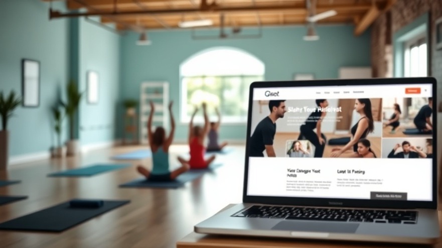 A vibrant yoga studio with a welcoming atmosphere, students practicing on mats, a website on a laptop showing engaging content, bright natural light, modern design. Negative Prompt: Blurry images, distorted text, misspelled words, numbers on signs, dark or cluttered backgrounds, unrealistic elements.