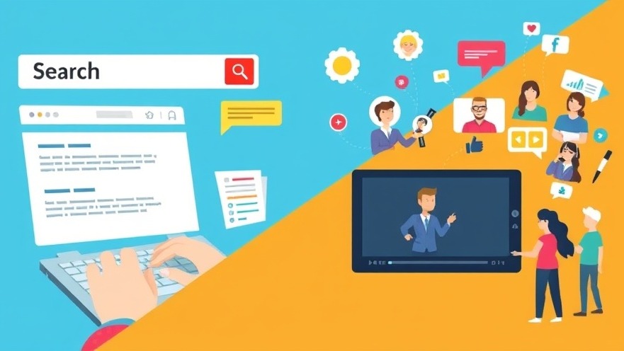 Split-screen infographic contrasting search engine queries and social media interactions.