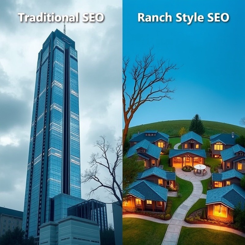 A split-screen visualization: left side shows a towering skyscraper labeled "Traditional SEO" looking cold and imposing; right side shows a welcoming ranch-style house community labeled "Modern SEO" with multiple interconnected paths and warm lighting.