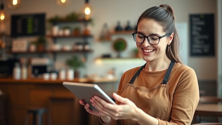 Cheerful small business owner reading customer feedback on a tablet in a cozy coffee shop.