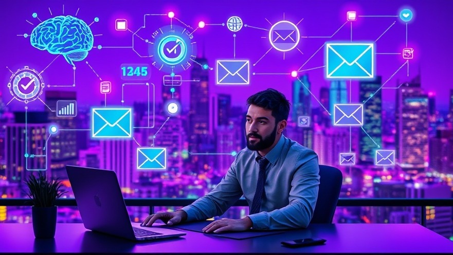 Small business owner using AI marketing tools with holographic predictive analytics.