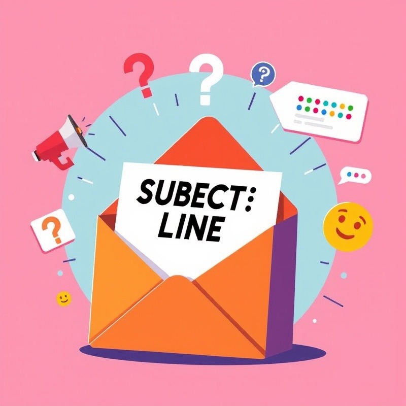 Imagine a vibrant, eye-catching digital illustration depicting an open email with an engaging subject line. The email is surrounded by icons representing brand voice (a megaphone), a question mark, numbers, emojis, and a shortened text bubble. The illustration should convey the power of these elements in capturing the recipient's attention and improving email open rates. The overall theme should be colorful, dynamic, and showcase the effectiveness of well-crafted subject lines in email marketing.