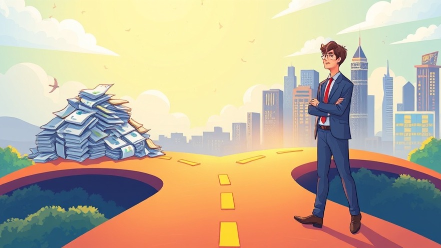 Small business owner at crossroads, choosing between paperwork and success.