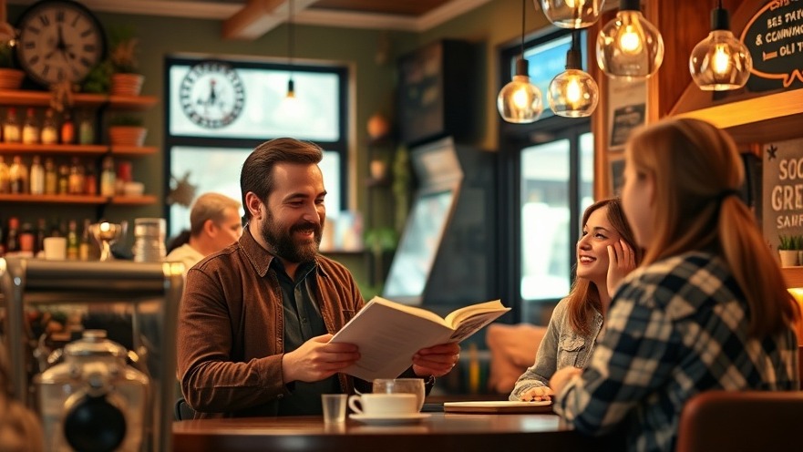Small business owner sharing a heartfelt story in a cozy café with warm lighting.