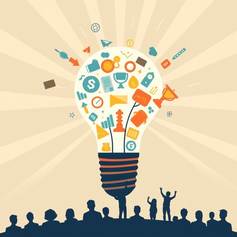 An illustration of a light bulb filled with various icons representing success (dollar signs, graphs, trophies), with beams of light extending outward, inspiring silhouettes of people to take action.