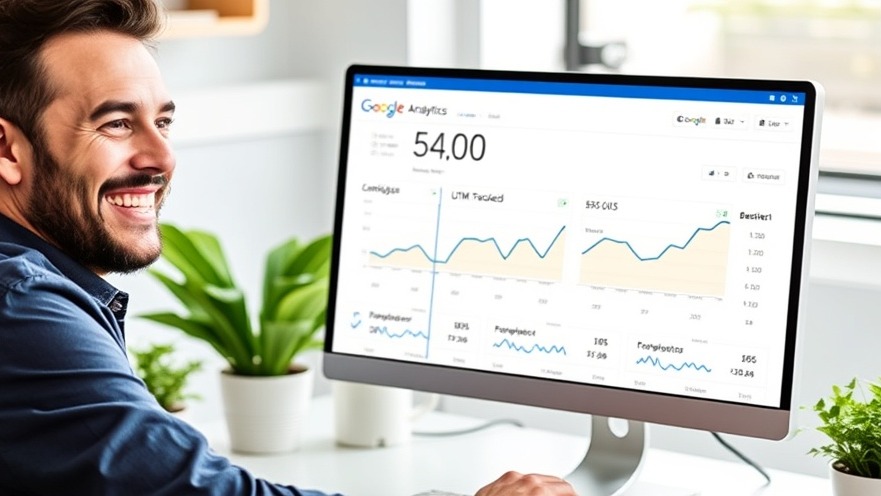 Business owner smiling at computer screen with Google Analytics UTM graphs.