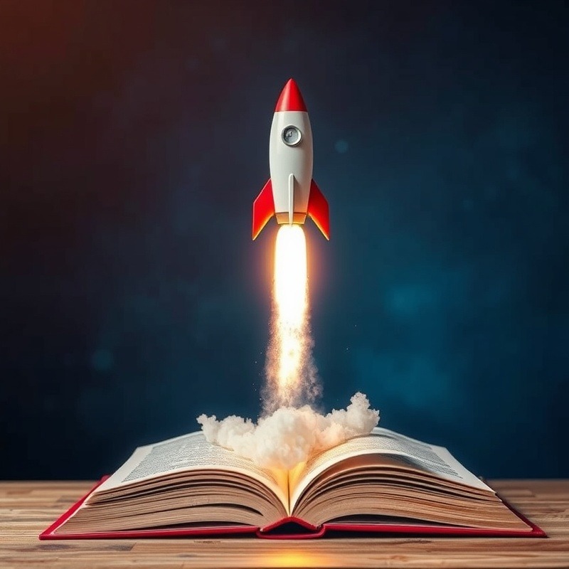 A rocket launching from an open book, symbolizing how a powerful conclusion propels readers into action.