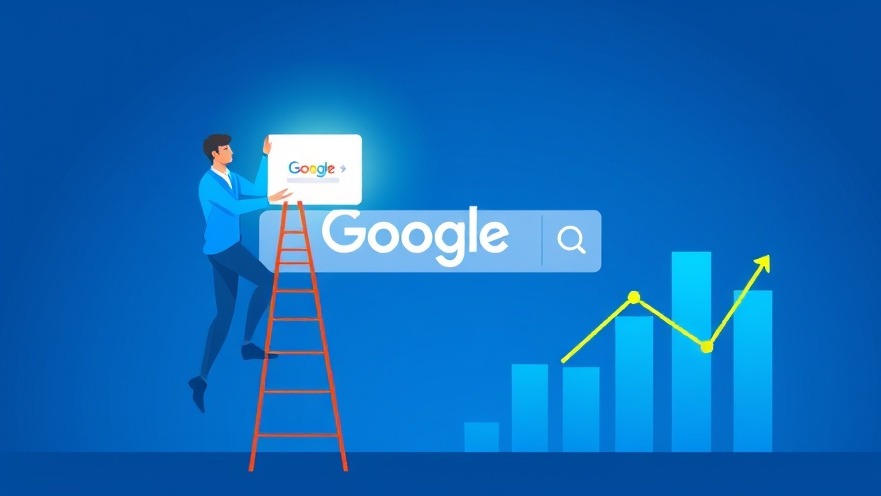 Business owner adds a glowing webpage to a giant Google search bar, symbolizing rising traffic.