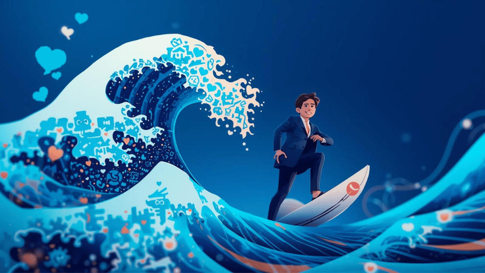Illustration of a brand logo surfing a wave of trending icons like hearts and speech bubbles on a blue Meta background, confident business owner smiling