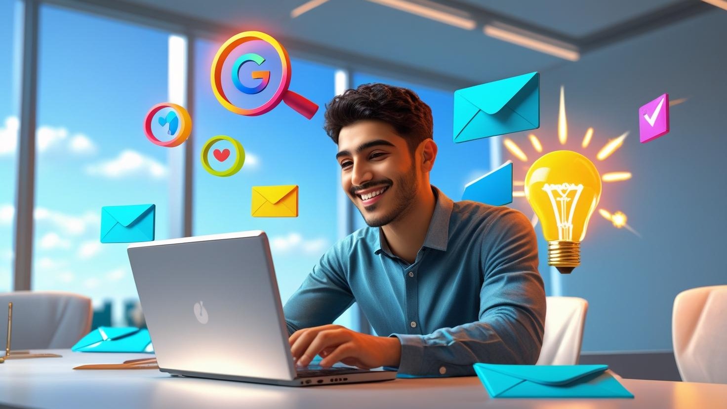 A person happily typing on a laptop, surrounded by floating icons representing Google search results, social media likes, email envelopes, and glowing light bulbs (ideas). The background should be a modern, clean office space, conveying success and ease.
