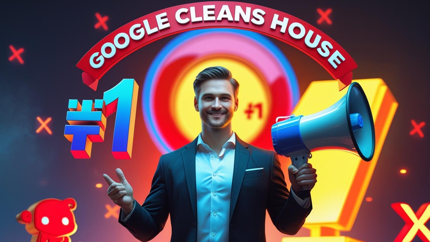 Confident small business owner with megaphone, TikTok and Reddit logos, #1 trophy.