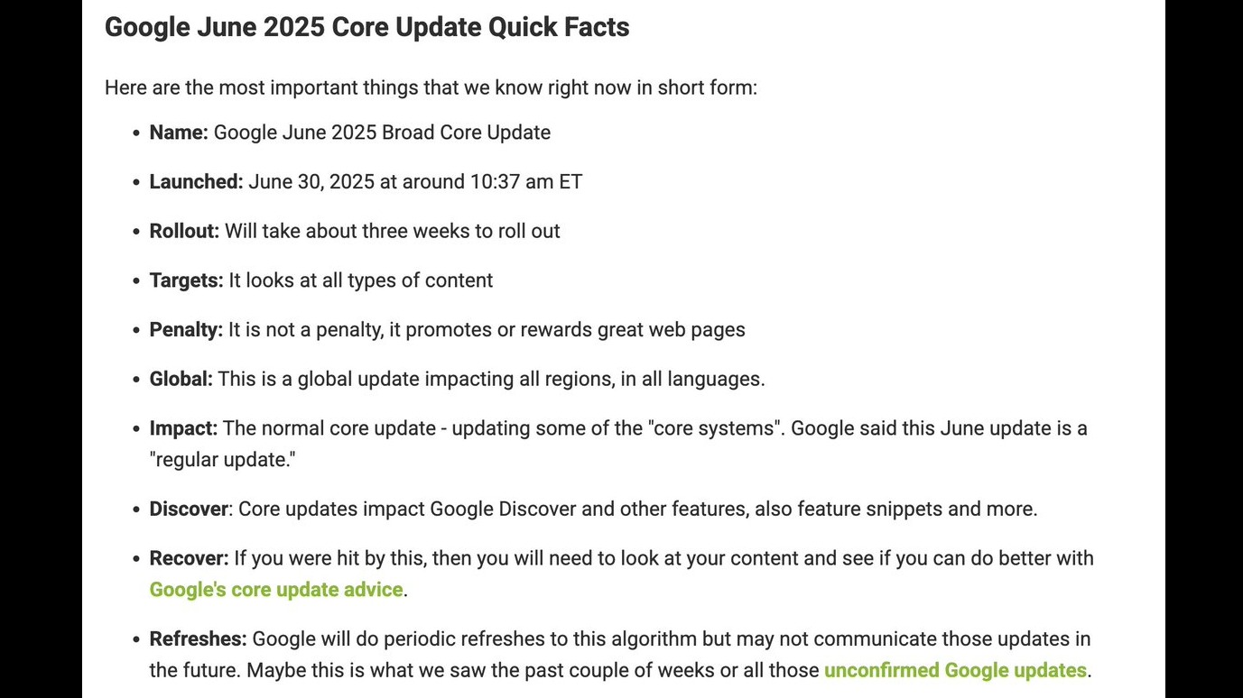 Google June 2025 Core Updates Quick Facts
