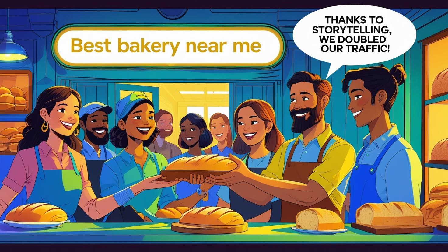 A vibrant digital illustration of a bustling small-town bakery with a glowing Google search bar above it, displaying “best bakery near me,” and a line of happy customers entering. Include a warm narrative scene inside: a baker handing a loaf to a smiling customer, with a speech bubble saying, “Thanks to storytelling, we doubled our traffic!” Use bright blue, yellow, and green tones for an inviting, modern feel.
