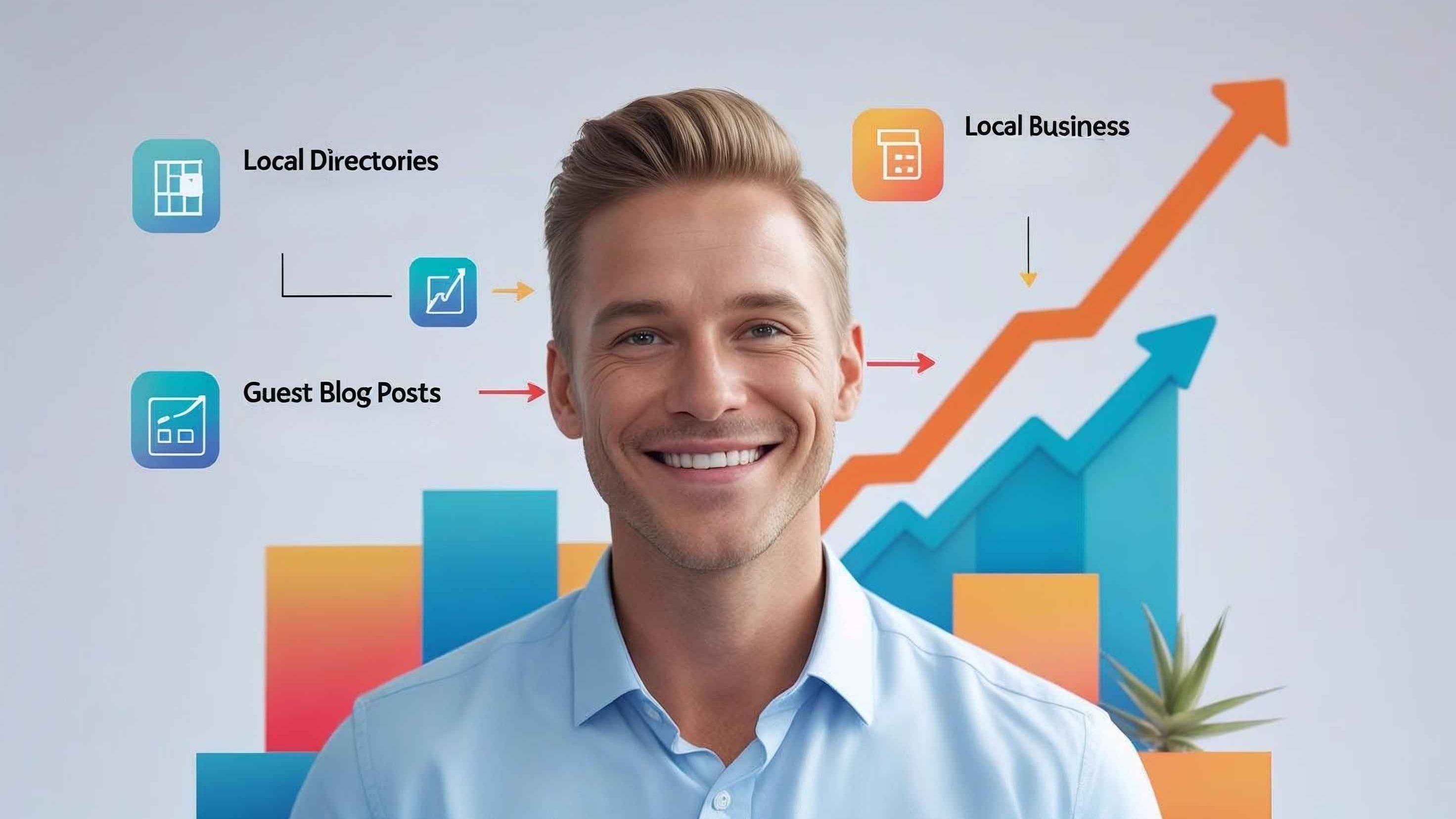 A vibrant infographic showing a small business owner smiling, surrounded by icons of local directories, guest blogs, and community events, with arrows pointing to a website graph trending upward, in a colorful, modern flat design, clear text, and professional tone.