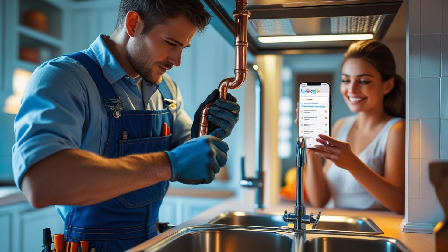 plumber fixing a sink and the homeowner is searching google