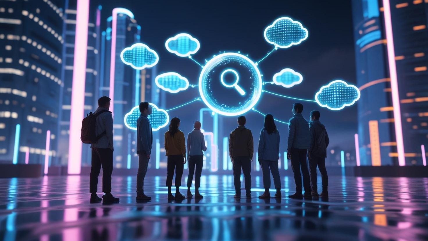 Futuristic cityscape with digital thought bubbles and glowing search bars, showcasing seamless connection.