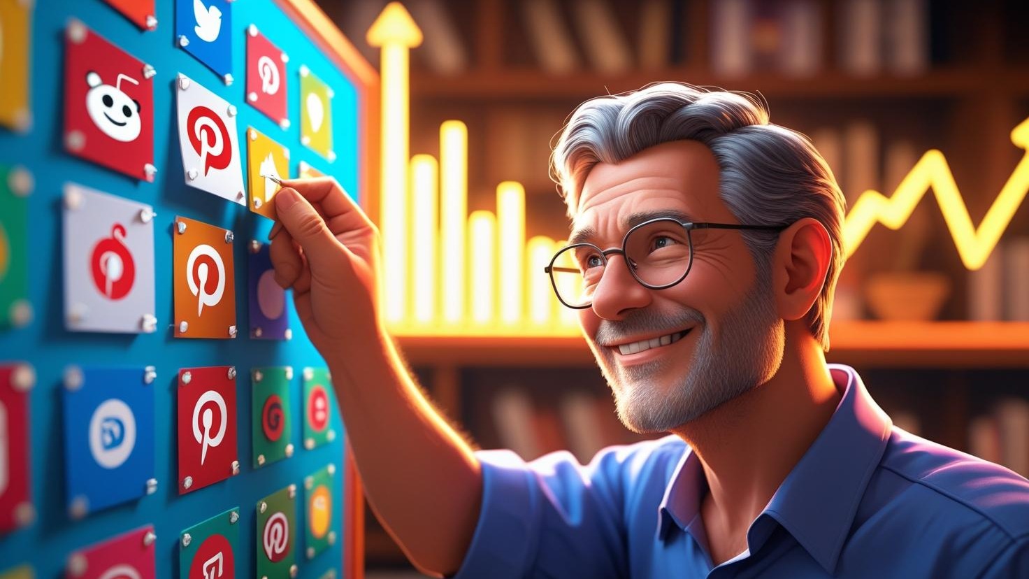 A vibrant digital illustration of a small business owner pinning a website link on a colorful virtual bulletin board, surrounded by icons of Reddit, Pinterest, and Digg, with a glowing SEO chart in the background. Negative Prompt: No distorted text, no blurry elements, no incorrect spellings, no numerical errors.