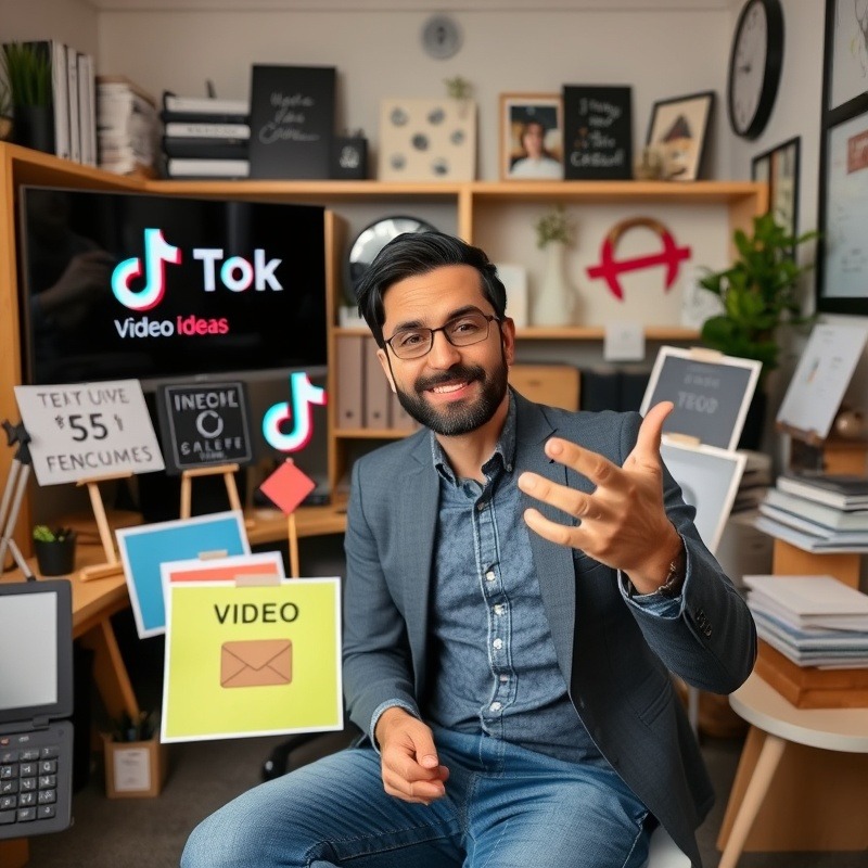 A business owner confidently creating a TikTok video in their office, surrounded by various props representing different video ideas from the article.