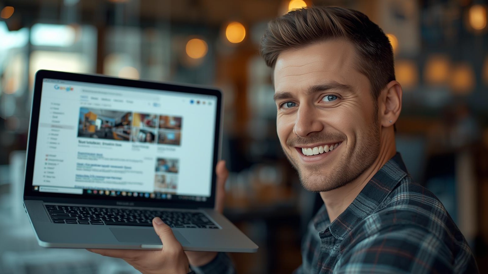 Cheerful small business owner with laptop displaying top Google search results.