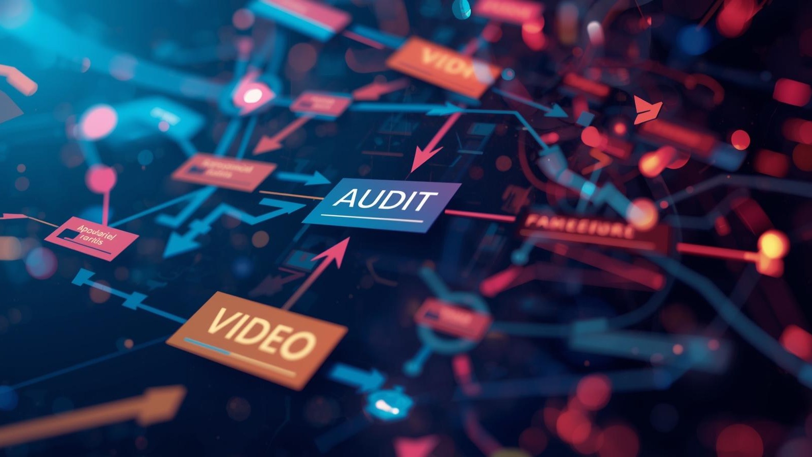 A cinematic concept scene of a dynamic infographic illustrating a search visibility framework. The infographic features a clear flowchart with bold, vibrant colors, showing interconnected nodes representing audits, videos, and Google snippets, all linked by prominent arrows. The composition is dynamic and visually engaging, enhanced by cinematic color grading and filmic tones, with a shallow depth of field and high contrast to emphasize key elements. Negative Prompt: No unreadable text, no confusing layouts, no incorrect numbers.