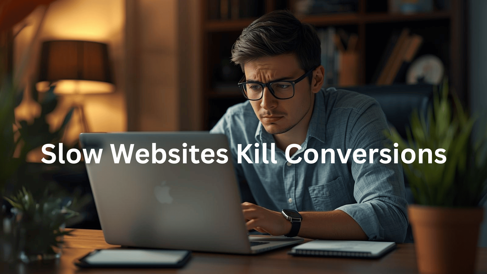 Frustrated small business owner in cozy office analyzing low website conversions with heatmap.