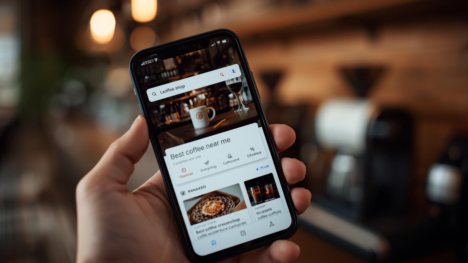 A photo-realistic scene of a mobile phone displaying a fast-loading website for a local coffee shop, with a Google search bar showing “best coffee near me” and the shop ranked first. The background includes a cozy coffee shop vibe.