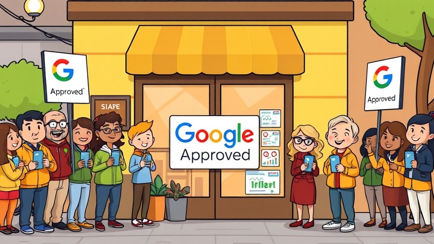 Cheerful cartoon small business storefront with 'Google Approved' sign and happy customers.