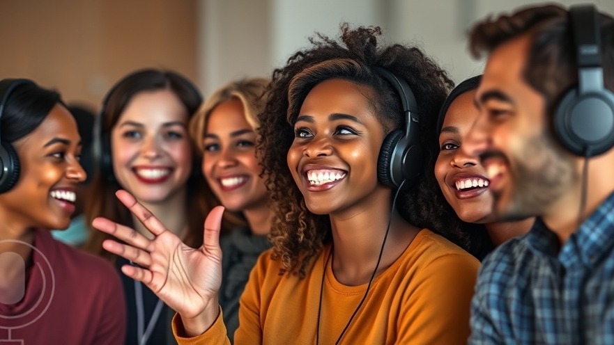 Diverse group engaging with podcasts, inspired connection, sound waves backdrop