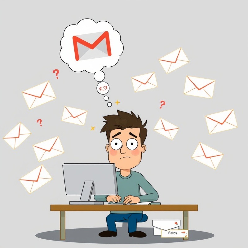 A cartoon-style illustration of a confused person sitting at a desk with a computer, surrounded by envelopes floating in the air. The envelopes have various symbols on them: some have red flags, others have question marks, and a few have smiley faces. Above the person's head is a thought bubble containing a simplified Gmail logo with a magnifying glass examining it. The overall tone should be lighthearted and slightly chaotic, representing the changing landscape of email marketing.