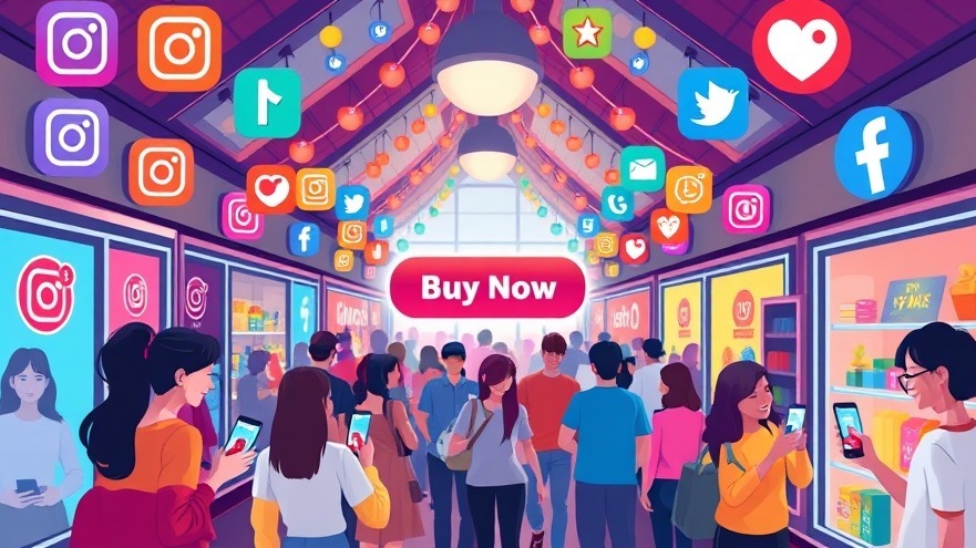 A vibrant digital illustration of a bustling online marketplace with colorful Instagram, TikTok, and Facebook icons, showing people shopping happily from their phones, with a glowing “Buy Now” button in the center.