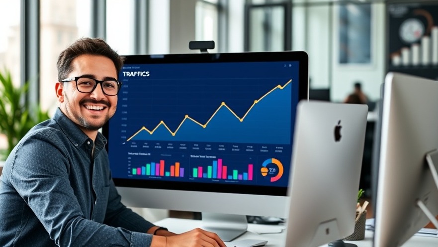 Business owner smiles at rising traffic graphs on screen in modern workspace.