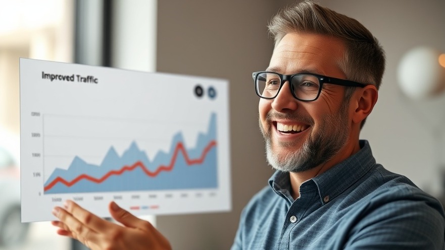 Happy business owner smiling at a chart showing website traffic improvements.