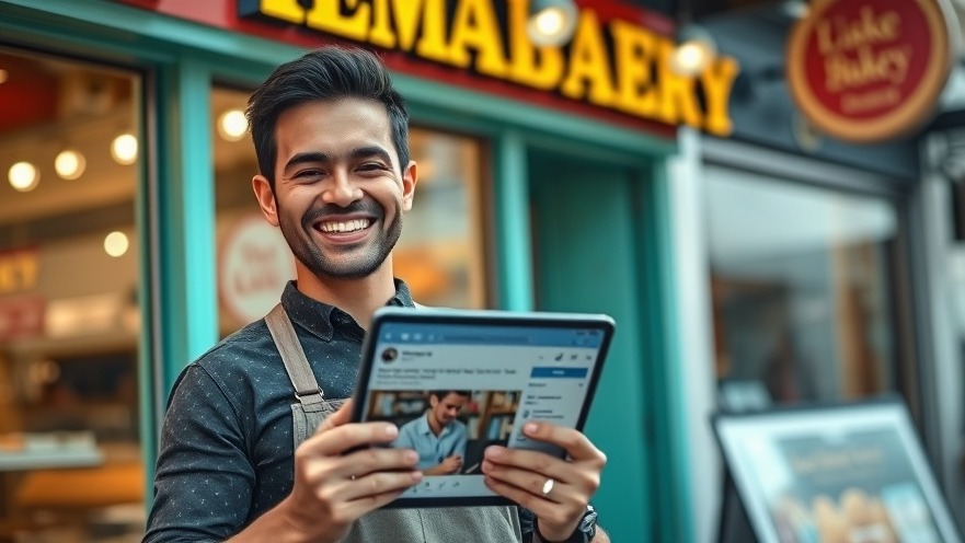 Cheerful bakery owner with tablet at vibrant storefront, showcasing viral post.