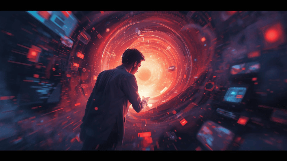 Illustration of a marketer peering into a glowing Reddit subreddit portal revealing consumer chat bubbles and insights