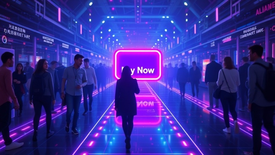 Vibrant digital art of a pathway with visitors approaching a glowing 'Buy Now' button.